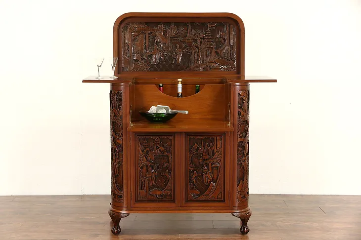 Chinese Hand Carved Teak Vintage Bar or Liquor Cabinet & Server