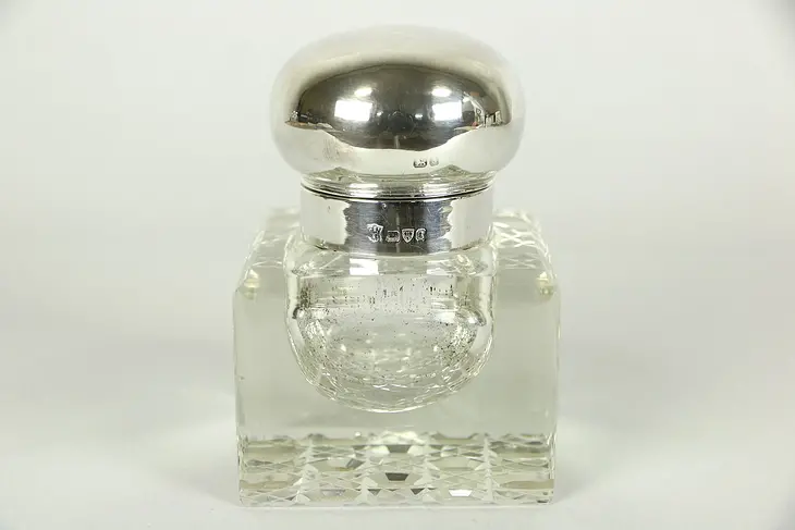 English Antique 1900 Cut Crystal Inkwell, Hallmarked Sterling Silver Cap