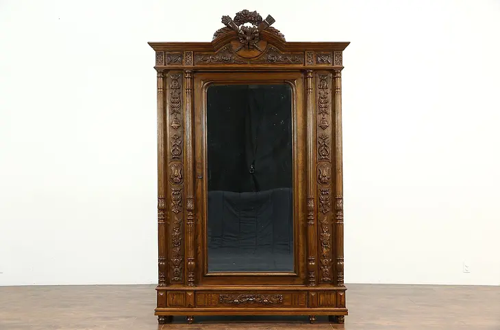 French Louis XVI Antique 1890 Carved Oak & Chestnut Armoire, Wardrobe or Closet