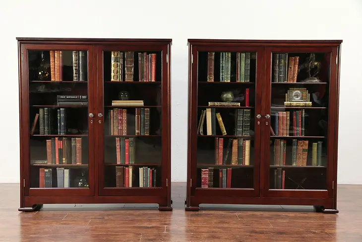 Pair Antique Mahogany Library Bookcases, Glass Doors, Adjustable Shelves #29701