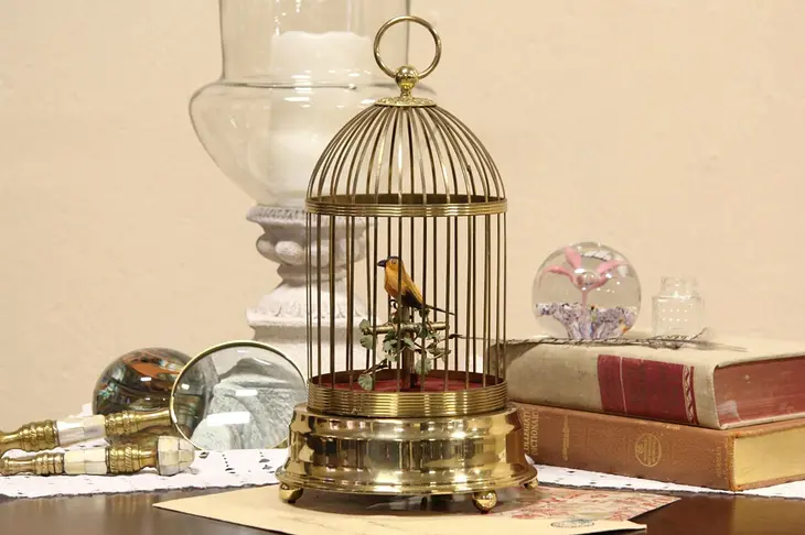 German 1930's Singing Canary Song Bird in Brass Cage