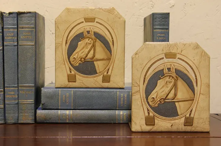 Pair of Leather Bookends with Horses, Durand Chicago