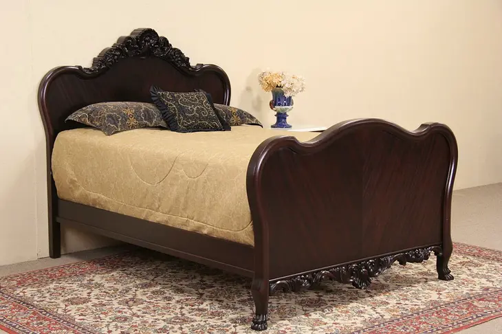 Art Nouveau Antique 1900 Carved Mahogany Full Size Bed