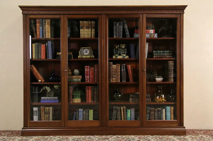 Cherry 7' Antique 1900 Library Bookcase, 4 Beveled Glass Doors