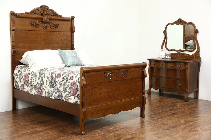 Victorian Carved Oak Antique 1900 Bedroom Set, Full Size Bed, Chest & Mirror