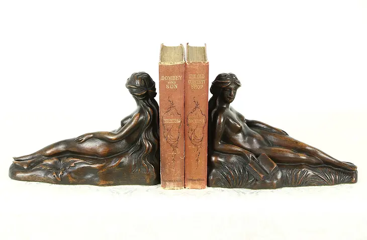 Nude Hand Carved Pair of Antique Mahogany Sculpture Bookends, Kopriwa Chicago