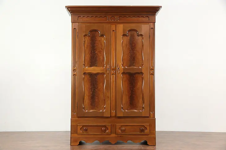 Victorian 1860 Antique Carved Walnut Armoire, Wardrobe or Closet