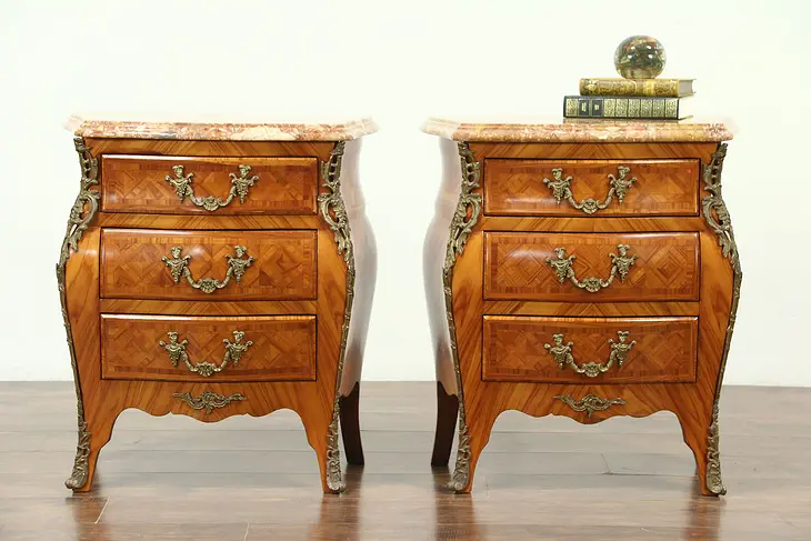 Pair of Italian Rosewood Marquetry Marble Top Chests, End Tables or Nightstands