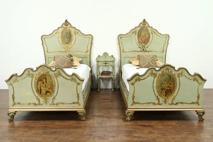 Venetian Antique Carved & Painted Bedroom Set, Twin Beds & Nightstand #28612