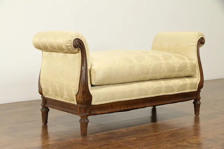 Traditional Carved Fruitwood Bench or Settee With Arms & Cushion #30880