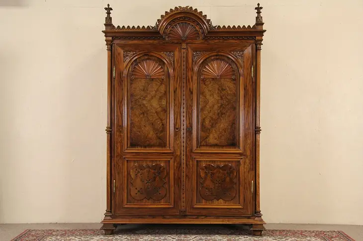 French Carved Walnut & Burl 1875 Antique Armoire