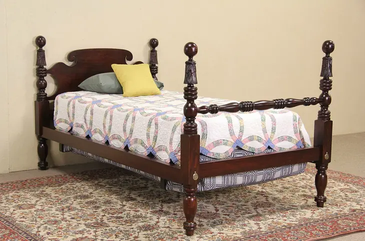 Poster Bed, 1850 Antique Carved Mahogany, Extra Long and Narrow