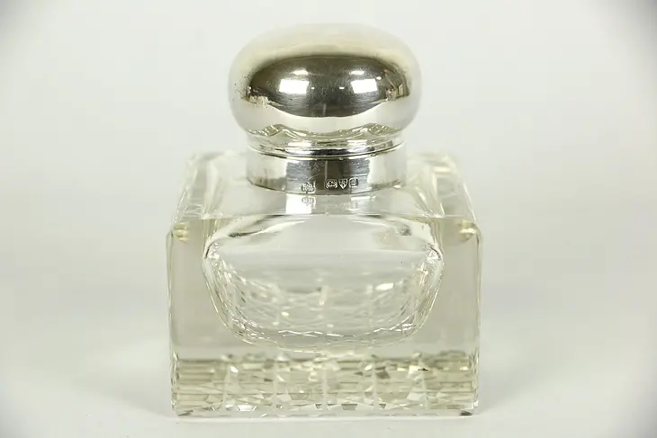 English Antique 1900 Cut Crystal Inkwell, Sterling Silver Cap