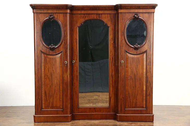 Victorian Antique Triple Armoire or Closet with Mirror, Scotland