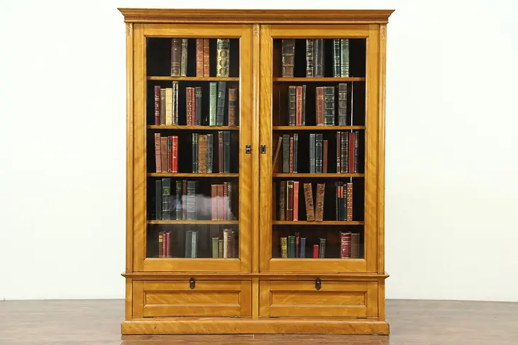Curly Birch Antique Library Bookcase, Wavy Glass Doors, Adjustable Shelves