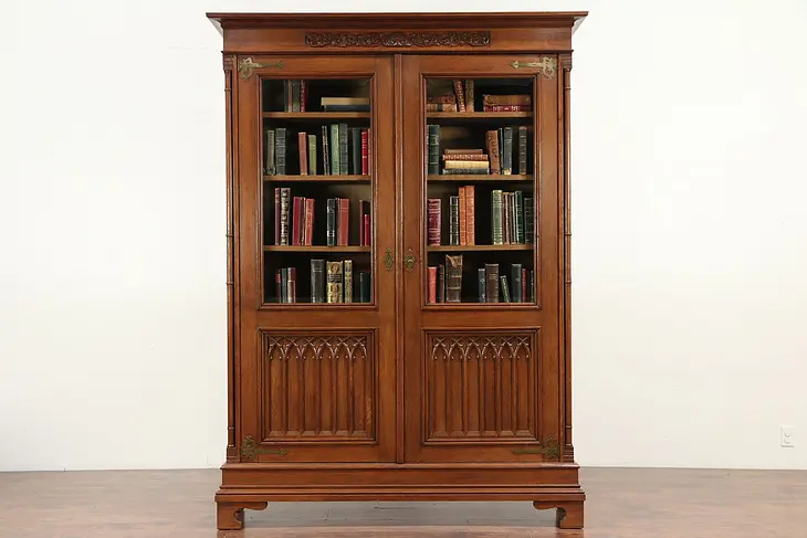 Oak Antique Victorian Gothic Scandinavian Library Bookcase, Beveled Glass #29660