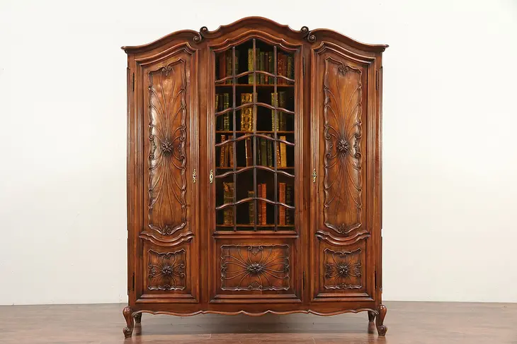 Walnut Antique Italian Piedmont Carved Library Bookcase, Stained Glass #29667