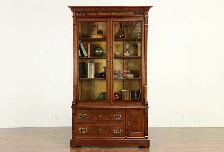Victorian Eastlake Antique Walnut Library Bookcase, Wavy Glass #30227