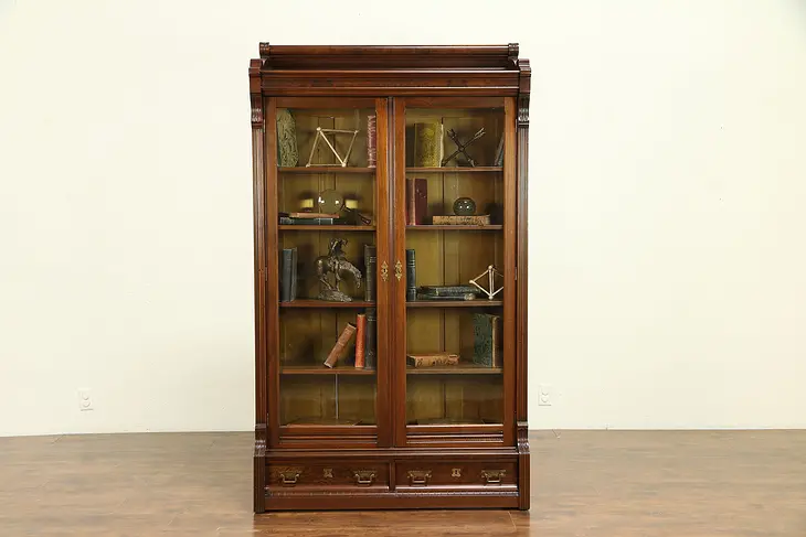 Victorian Eastlake Antique Walnut & Burl Library Bookcase, Wavy Glass #30707