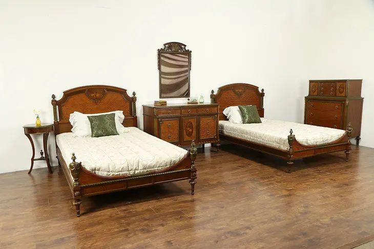 Satinwood & Mahogany Marquetry 6 Pc Bedroom Set, 3/4 Size Beds #31324