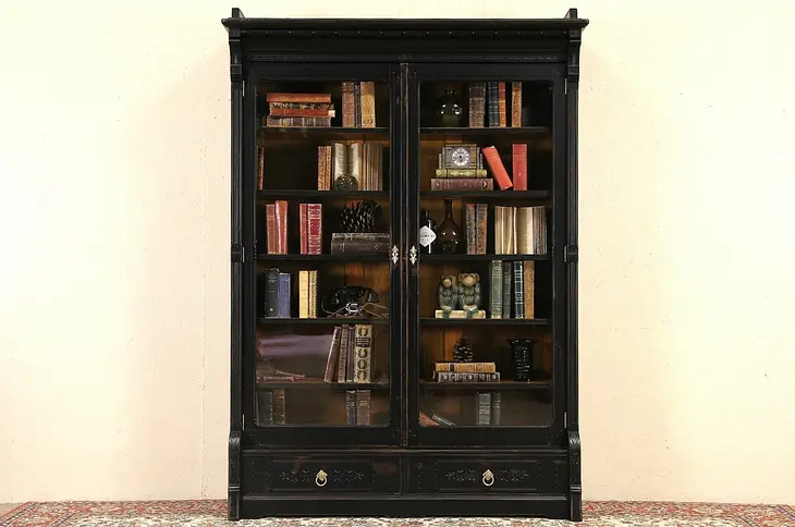 Victorian Eastlake Ebonized Cherry 1875 Bookcase
