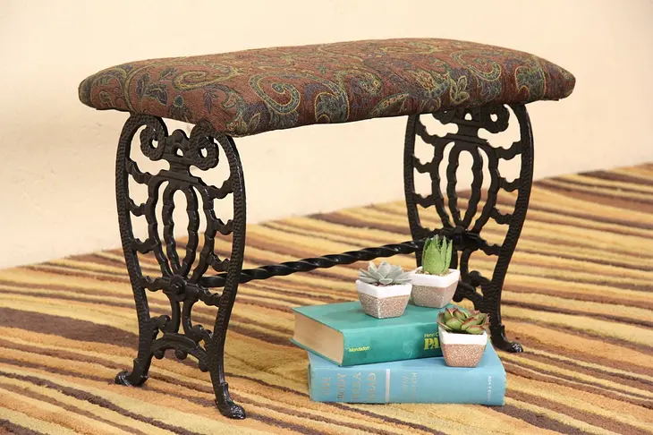 Iron Antique 1920 Bench, New Brown & Green Upholstery