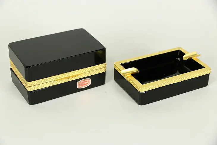 Murano Italy Black Opaline Glass 2 Pc. Smoking Set, Gold Mounts Signed Ferro