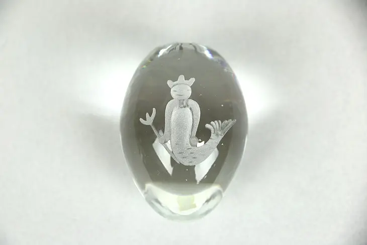 Mermaid Egg Shaped Crystal Paperweight, Signed Ekenas, Sweden