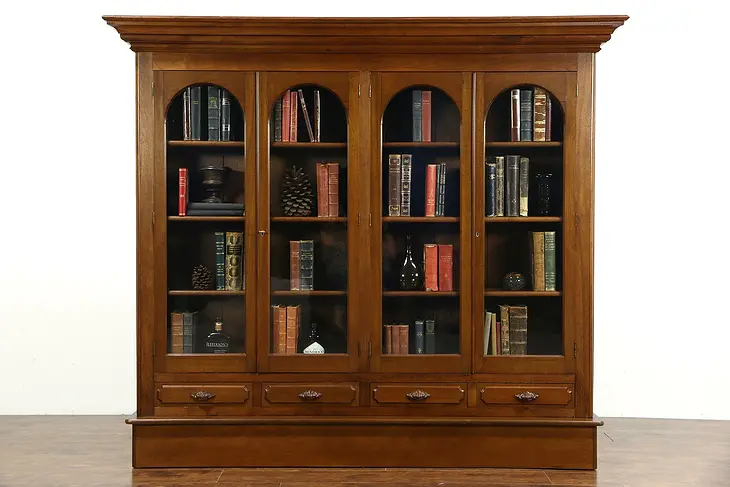 Victorian 1860 Antique Walnut Bookcase, 4 Wavy Glass Arched Doors