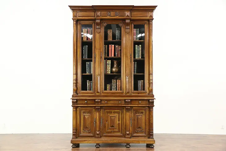 Victorian Antique Walnut 1875 Triple Library Bookcase, Wavy Glass, France