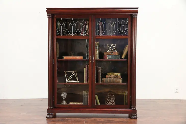 Mahogany Antique Library Bookcase, Leaded Beveled Glass Doors #29997