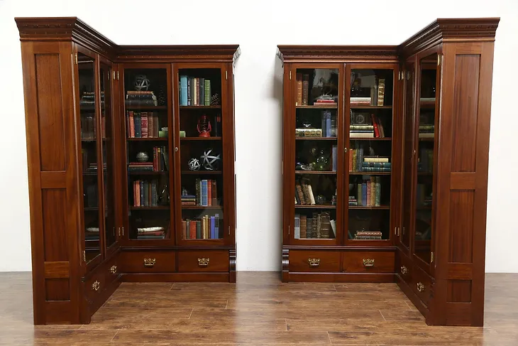 Pair 1890 Antique Mahogany Library Corner Bookcases, Glass Doors, Disassemble