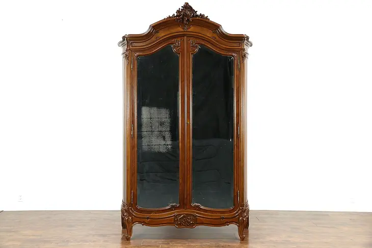 French 1900 Antique Carved Walnut Armoire Wardrobe Beveled Mirrors, Curved Sides