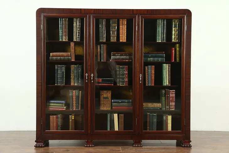 Triple Mahogany 1910 Antique Library Bookcase, Wavy Glass Doors