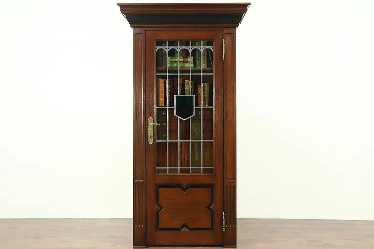 Antique 1890 Oak Carved Bookcase, Leaded Stained Glass Door, Belgium