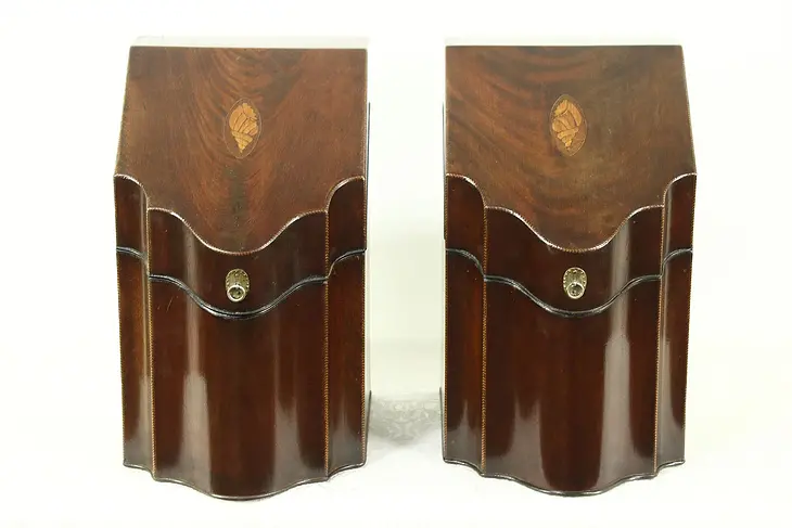 Pair of Antique 1900 Mahogany & Marquetry Knife Boxes, England #28568