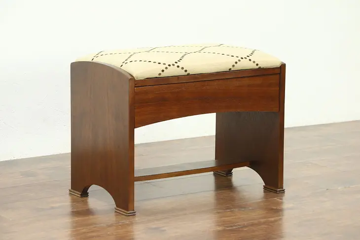 Art Deco 1930's Vintage Walnut Bench, New Upholstery #28606