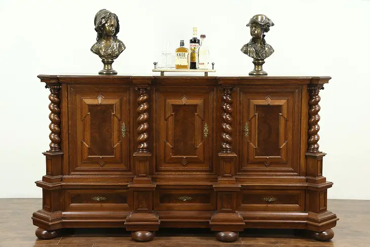 German Renaissance Carved Oak 1890's Antique Back Bar, Sideboard #28685