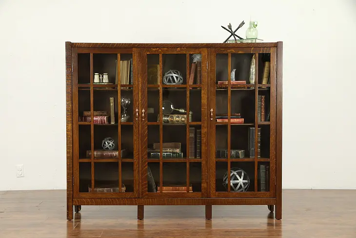 Arts & Crafts Mission Oak Antique Triple Library Bookcase, Wavy Glass #31516