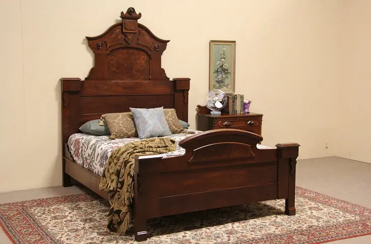 Victorian 1875 Antique Queen Size Bed, Walnut & Burl