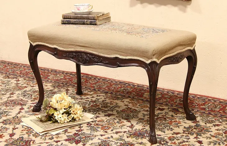 French Carved 1910 Antique Bench, Needlepoint Castle Upholstery