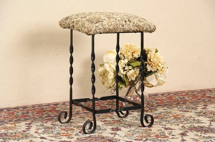 Wrought Iron Antique 1930 Bench, New Upholstery