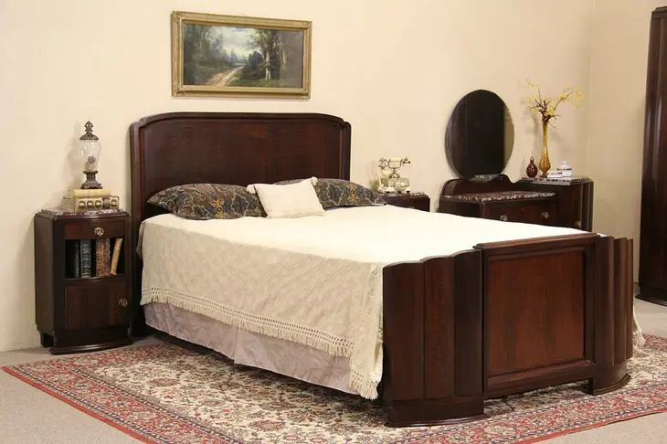 Art Deco 1930 Vintage Bedroom Set, Queen Bed, Marble Top Dresser & Nightstands