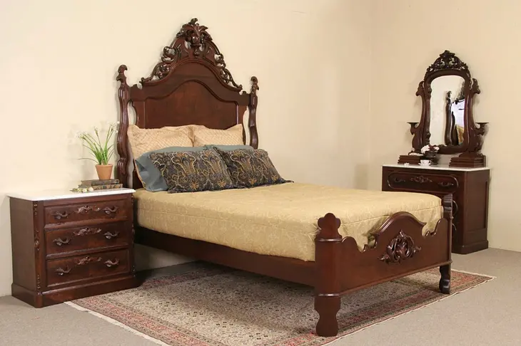 Victorian 1860's Antique Queen Size 3 Pc. Bedroom Set, Marble Tops