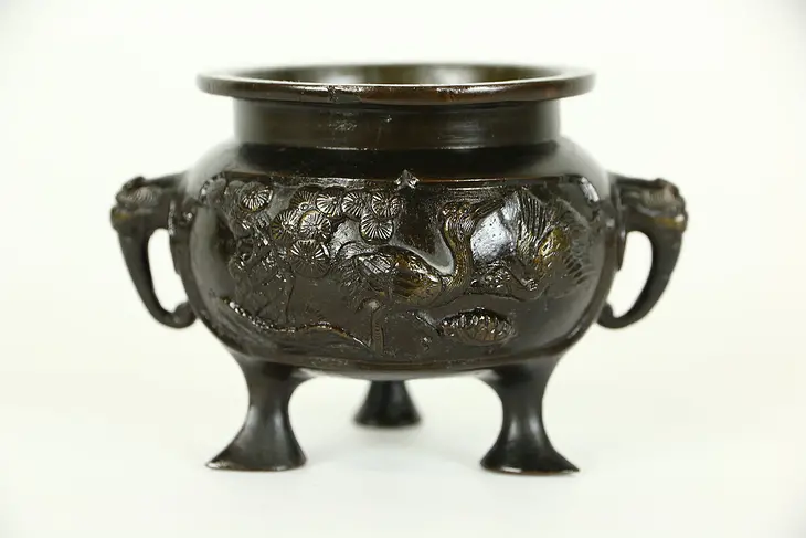 Chinese Bronze 1920's Antique Urn Incense Burner, Birds & Elephant Heads