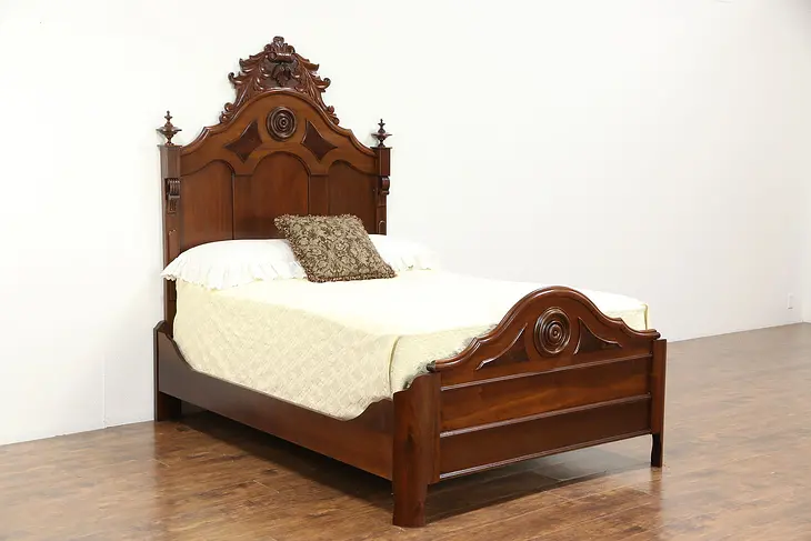 Victorian 1870 Antique Carved Walnut & Burl Full Size Bed
