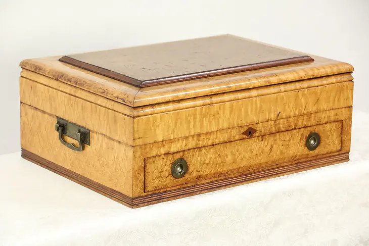 Silver or Jewelry Chest, 1890 Antique Birdseye Curly Maple & Burl Signed Chicago