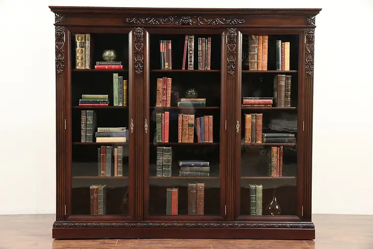 Triple Antique Mahogany Library Bookcase, Carved Gargoyles, Wavy Glass #29699