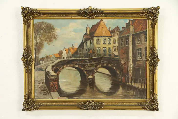 A Bridge in Bruges, Belgium, Vintage Original Painting #30574