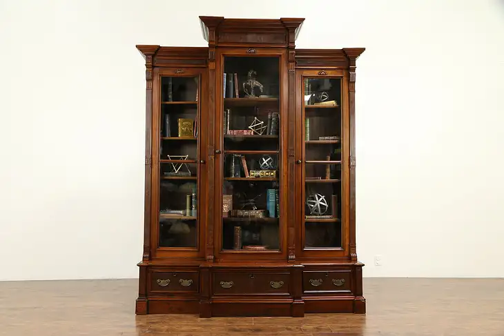 Victorian Eastlake Antique Walnut Triple Bookcase, Wavy Glass Doors #31693